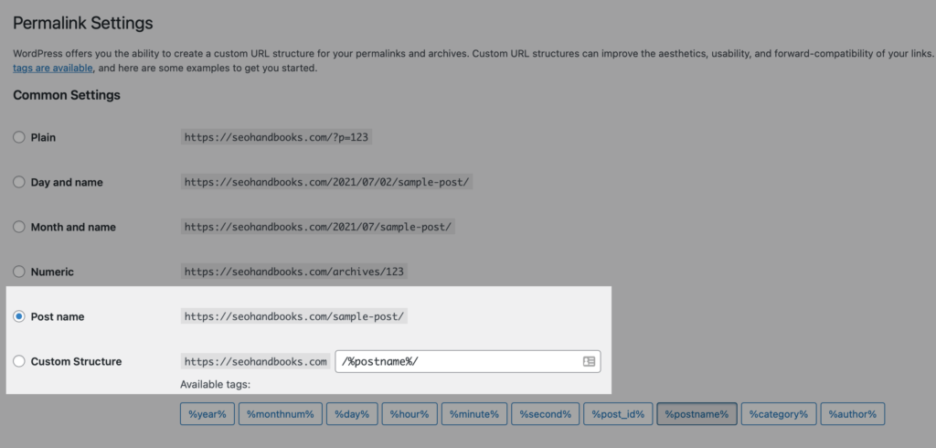 WordPress Permalinks Settings